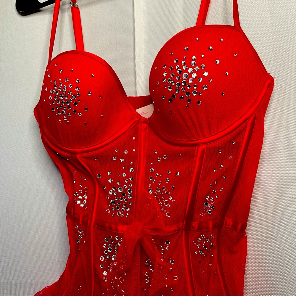 Victoria’s Secret red mesh rhinestone lingerie top